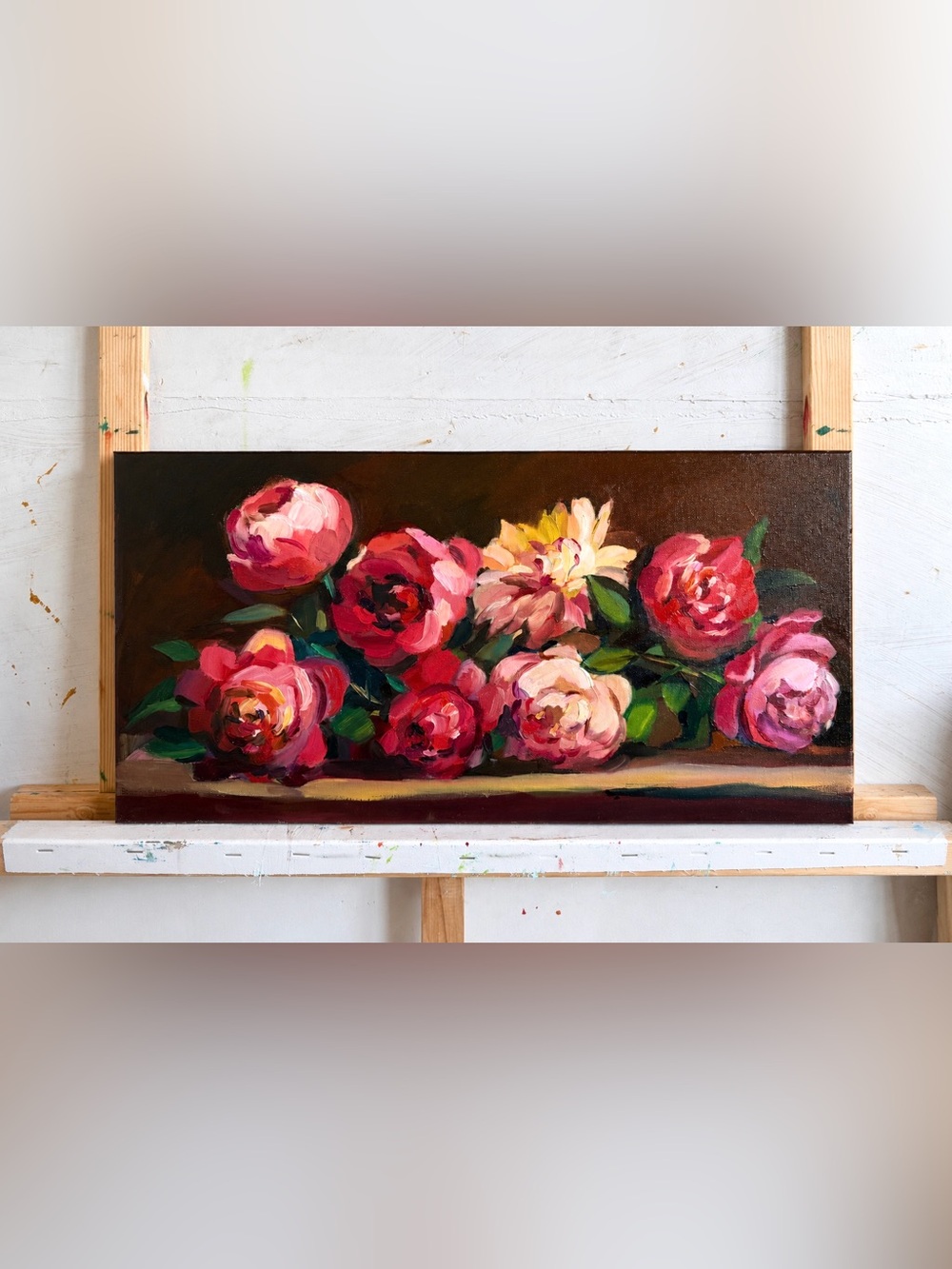 Velvet Peonies – Original Floral Oil Painting on Canvas, 10x20” Wall Art